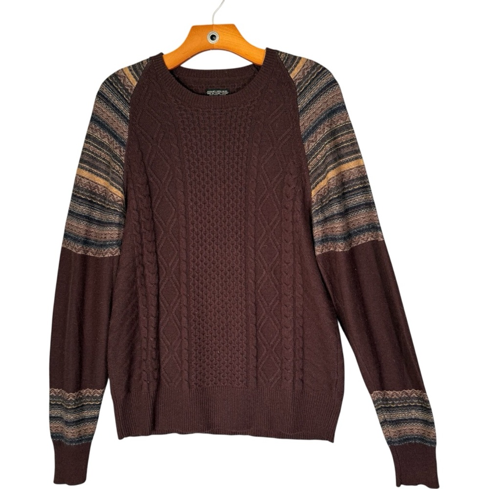 All Saints Men's Brown Cable Knit Striped Sweater Crew Neck grandpa L